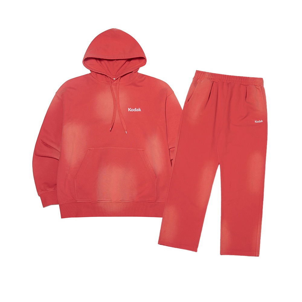 [SET] 컬러아이 세미오버핏 후드티셔츠 &amp; 세미와이드핏 스트레이트 팬츠  RED